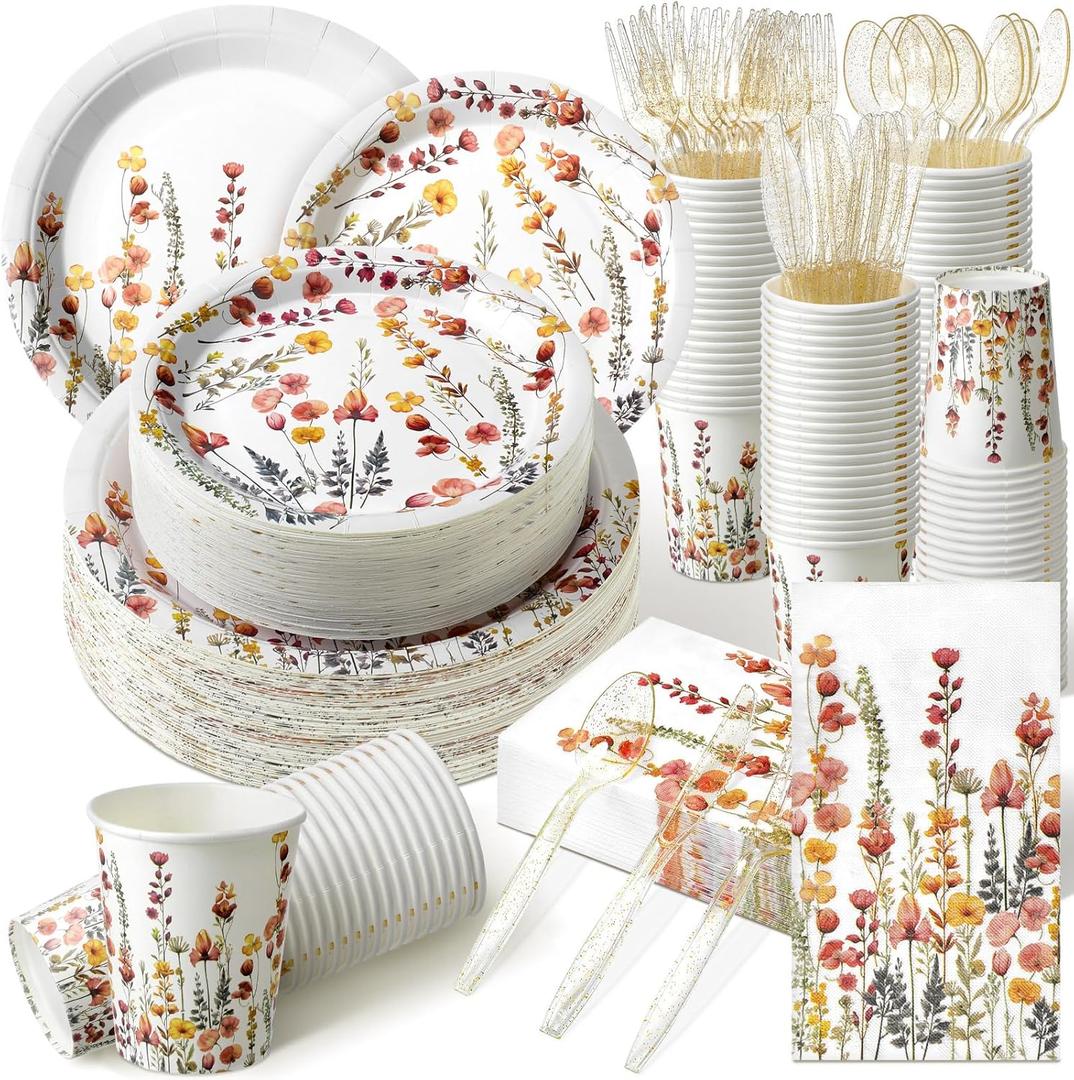 Sinmoe 400 Pcs Spring Plates and Napkins Set Paper Flower Dinnerware Disposable Party Supplies for 50 Guest Dinnerware Knife Fork Spoon for Spring Birthday Party(Classic Color,Flower)