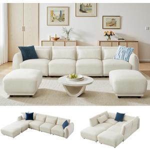 Sectional Sofa Couch, Modern U Shaped Sectional Couch with Ottoman, Modular Sectional Sofa Cloud Couches for Living Room (White, 4 Set + 2 Ottoman)