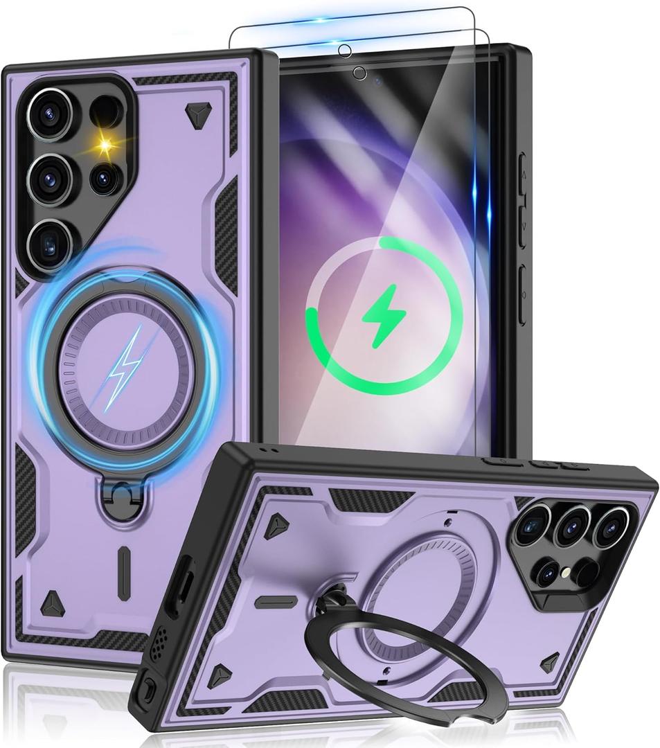 for Samsung Galaxy-S23-Ultra-Case with Magsafe & [HD Screen Protector2][Anti-Fingerprint], 360 Metal Rotated Kickstand,Military Grade Shockproof Protective for Galaxy S23 Ultra Case,Purple