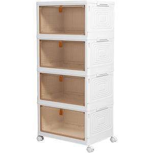 Foldable White Plastic Shoe Rack 2/3/4/5/6 Tier Stackable Storage Cabinet Box - Rolling Closet Storage Organizer Containers With Lids & Lockable Wheels For Home (4 Tiers)