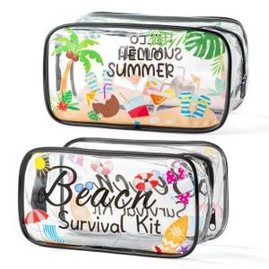 Y1tvei 2Pcs Summer Coconut Tree Beach Survival Kit Cosmetic Bag Clear PVC Plastic Transparent Makeup Toiletry Bag Portable Waterproof Seaside Travel Pouch Organizer with Zipper for Women Lady Coast