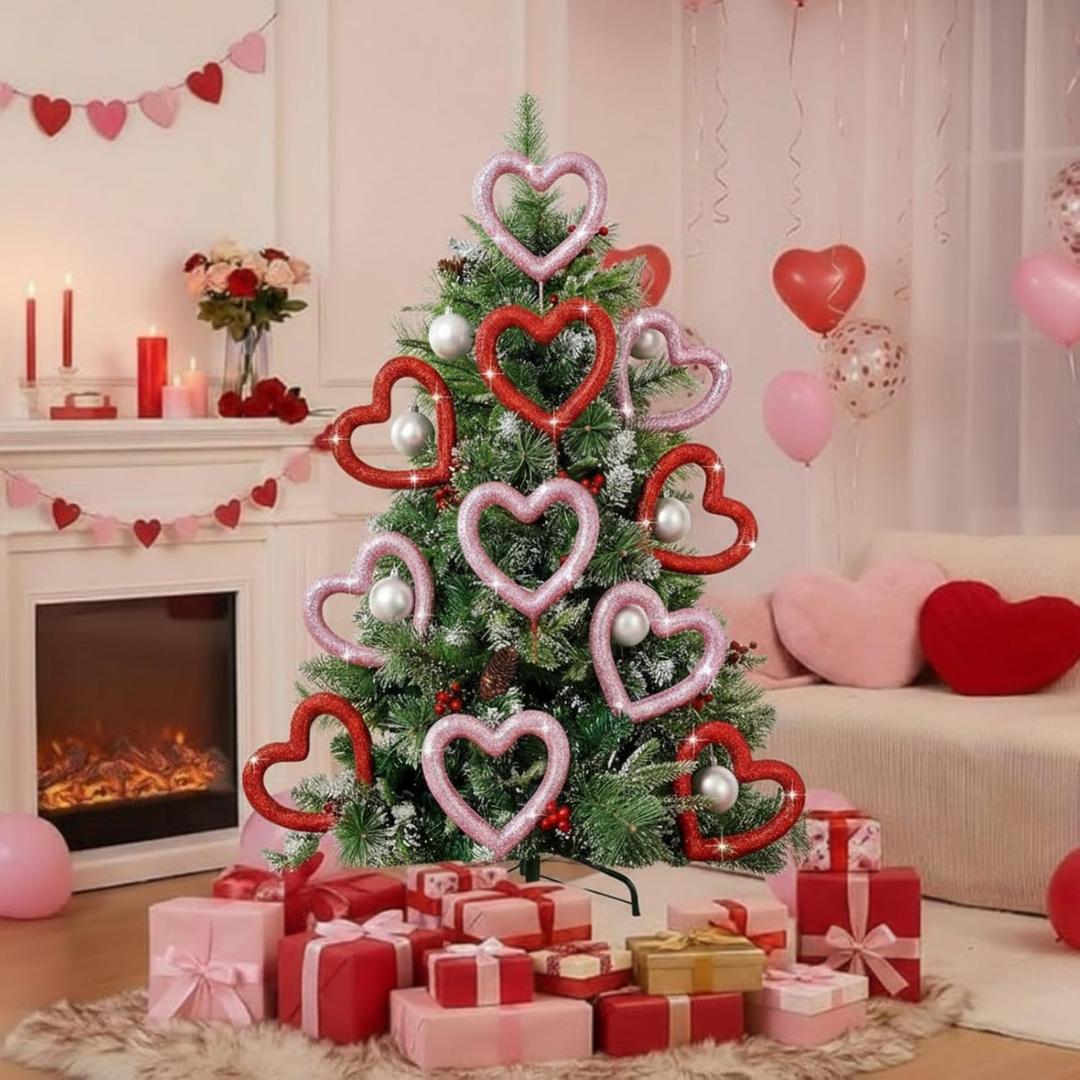 6 Pcs Valentines Day Decorations Tree Picks 6.7 Inch Large Heart Ornaments Red Pink 3D Glitter Picks Ornaments for Tree Topper Home Wedding Office Holiday Party Anniversary Decor
