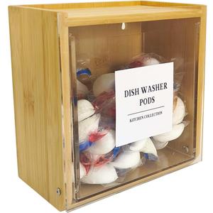 Laundry Pods Container, Acrylic Wall Mounted Organizer with Extra Labels, Candy Dispenser Coffee Pod Holder Dishwasher Pods Case for Home,Kitchen, Office, Bamboo