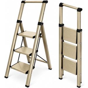 Driaxivel 3 Step Ladder with Handrail, Folding Aluminum Step Stool, Gold 19.1 lb 3-step ladder with handrail, 26.77 in top step, wide anti-slip steps and 2.17 in slim-fold storage, 330 lb, Gold