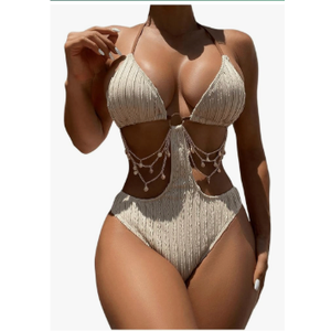 OYOANGLE Women's Ring Linked Cut Out One Piece Swimsuits Textured Tie Backless Halter Bathing Suit Monokini, XL