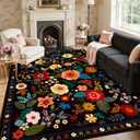 RELEANY Floral Nursery 6x9 Area Rugs Washable Print Boho Cute Carpet Non Slip Flower Low Pile for Living Room Kids Girls Playroom Bedroom Kitchen Office Farmhouse-Black