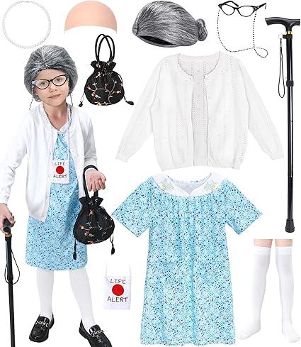 Boutrele 11 Pcs Old Lady Costume for Kids,100 Days of School Costume Girls,Grandma Costumes for Kids Accessories, 8-10T