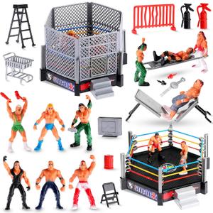 Skylety 32 Pieces Wrestling Toys Wrestler Warriors Toys with 12 Mini Wrestlers Action Figures , 20 Realistic Accessories Realistic Action Wrestling Figures Playset Gifts Favors for Boys and Girls