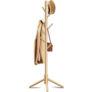 Wooden Coat Rack, Free Standing Coat Rack with 8 Hooks 3 Adjustable Heights for Clothes, Hats, Handbags, Coat Tree Easy Assembly for Entryway, Bedroom, Hallway, Office (New Nature) (1PC)