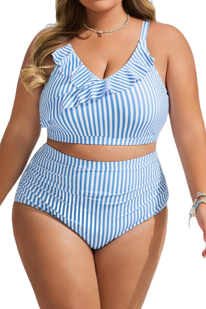 Hanna Nikole Womens High Waisted Bikini Plus Size Swimsuits Two Piece Bathing Suits Tummy Control Swimwear (Blue and White Stripes), 12 Plus