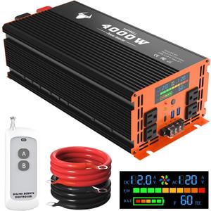 4000 Watt Power Inverter 12V DC to 120V/110V AC for Vehicles Car Converter
RV, Truck, Solar, Home, Off-Grid Surge 8000W with 4 AC Outlet, 2 USB-A Port, 200ft Remote Control and 3 AC Terminal Blocks