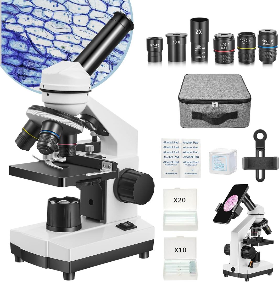 Microscope for Adults Kids Students, 40X-2000X Microscope for Beginners, Biological Microscope Kit with Phone Holder, 10pcs Specimen Slides, 20 Pcs Slides & 100pcs Coverslips, Storage Bag