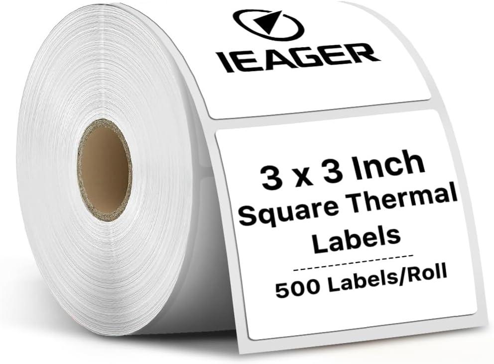 iEager White Square Thermal Label Stickers, 3" x 3" Self-Adhesive Square Direct Thermal Labels with Perforation Line, 500 Sheets/Roll