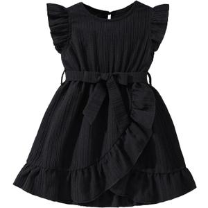 Hilinker Toddler Girls Cute Sleeveless Ruffle Dress Wrap Swing Party Summer Dresses with Belt Black 5-6Y