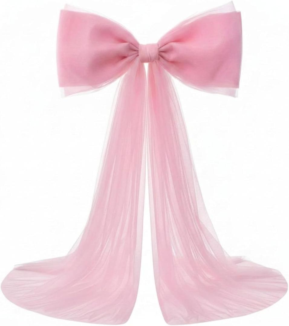 Canlierr Extra Large Pink Organza Bow Decorations 39 x 59 Inch Giant Pink Tulle Bow with Tie and Long Ribbon Tails for Wedding Valentines Party Backdrop Coquette Room Wall Decoration