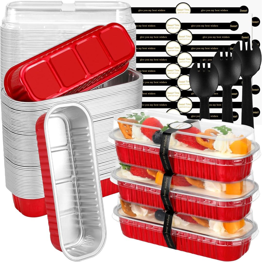 Mini Loaf Pans with Lids and Spoons (100 Pack, Red, 6.8oz) Rectangular Aluminum Foil Baking Pans