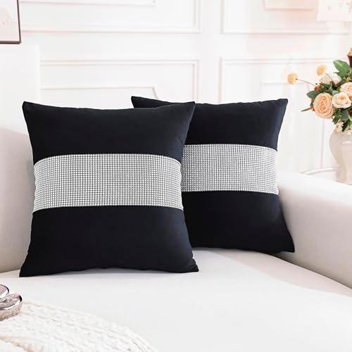 TAOSON Pack of 2, Luxury Black Matching Sequin Patchwork Velvet Throw Pillow Cover with Silver Sequined Rhinestone Cushion Case Square Pillowcase for Sofa Couch Bedroom Living Room Home,18x18 inch