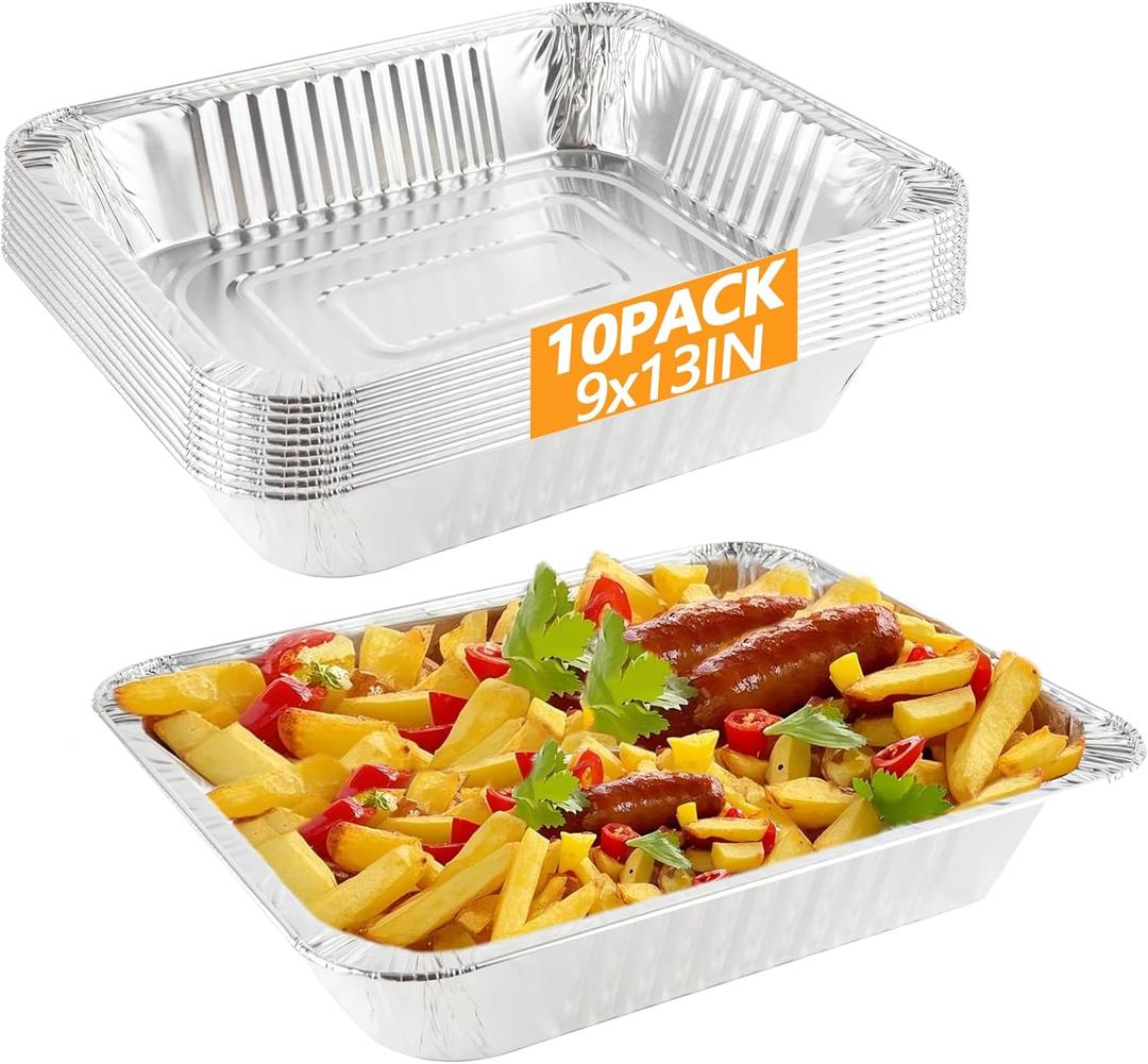 9x13 Aluminum Pans, 10PCS Extra Heavy Duty Disposable Foil Pans for Family Parties And Outdoor Camping, Can Be Used For Baking, Freezing Food, And Serving food (Bottom size: 8X11.1in) (10pack) (Silver)