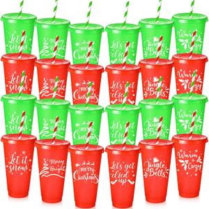 Funnymoom 24 Pcs Red and Green Glitter Christmas Cups Bulk with Lid and Straw 24 oz Reusable Christmas Plastic Tumbler with Sayings Holiday Drinking Cups for Xmas Party Supplies Favors, 6 Designs
