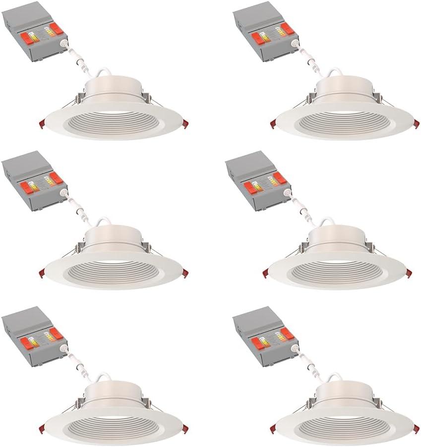 Juno LED Recessed Lights 6 Inch Round Wafer Downlight, 5-in-1 Switchable White Color Temperature, Adjustable Brightness, Deep Regressed Baffled Trim, 6-Inch, Matte White, 6-Pack