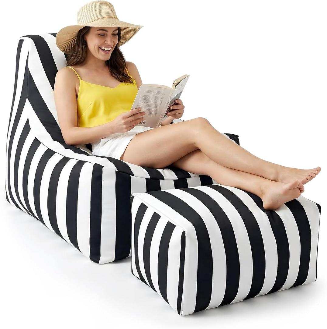 Briwooody Boat Bean Bag Chair Lounger with Ottoman Set, Waterproof Outdoor Marine Beanbag Chair for Adults Comfy Lazy Sofa Lounge Seating for Home Balcony Camping (Black, White Stripes)