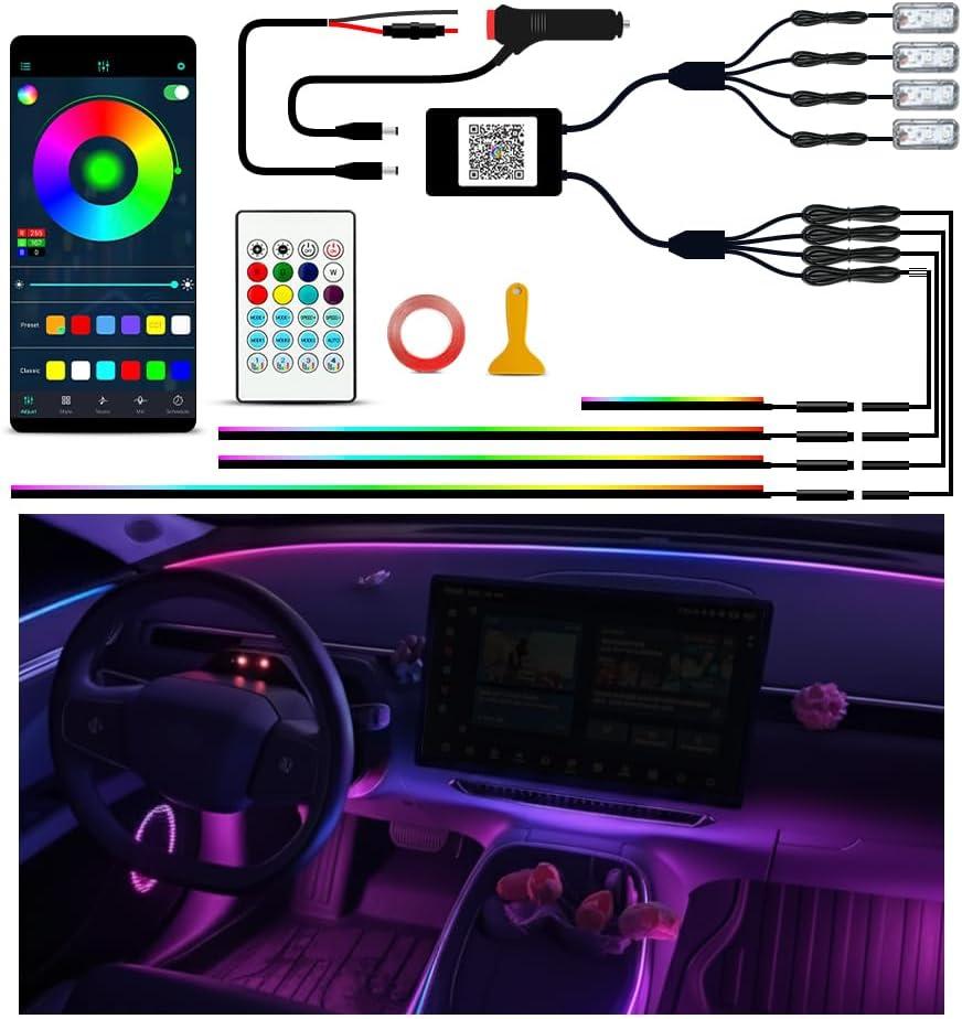 Ambient Lighting Car Led Lights Interior Kit, 4 in 1 Acrylic Led Lights for Car Center Console Dashboard,DC 12V APP Remote Control DIY Fiber Optic Music Sync RGB Neon Strip with Footwell Lighting