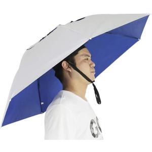 NEW-Vi Fishing Umbrella Hat Folding Adjustable Sun Rain Cap, 37.4Oversize Hands Free Umbrellas, 7-Ribs Anti-UV Waterproof Headwear for Fishing Gardening Golf Sunshade Outdoor (Silver/Blue)