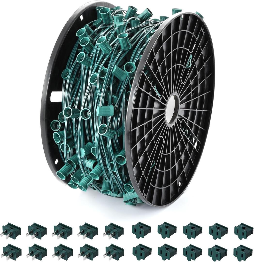 Ultimate Unicorn 500 FT C9 Light Socket Set Spool, Christmas Stringer Bulk Reel 12" Spacing, C9 Light Strand Green Wire, Christmas Stringer with E17 Sockets (10 Pairs of Plugs Included)