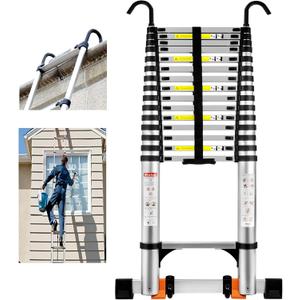 Telescoping Ladder, 20.3FT Aluminum Portable Extension Ladder w/Hooks, Stabilizers& Wheels, 330lbs Capacity, Collapsible Design, Outdoor & RV Friendly, Aluminum, Sturdy & Reliable, Black