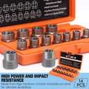XEWEA Professional 14PCS Bolt Extractor Set, 3/8" Drive Impact Stripped Bolt Remover Socket Set for Removing Damaged Broken Rounded Off Bolt & Nut, Impact Grade Cr-Mo Steel with Case Father's Day Gift
