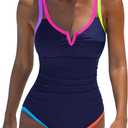 popvil One Piece Swimsuits Women 2026 Tummy Control - Modest Bathing Suit Shapewear Swimwear Retro Neon Swim Suit (Blue, L)