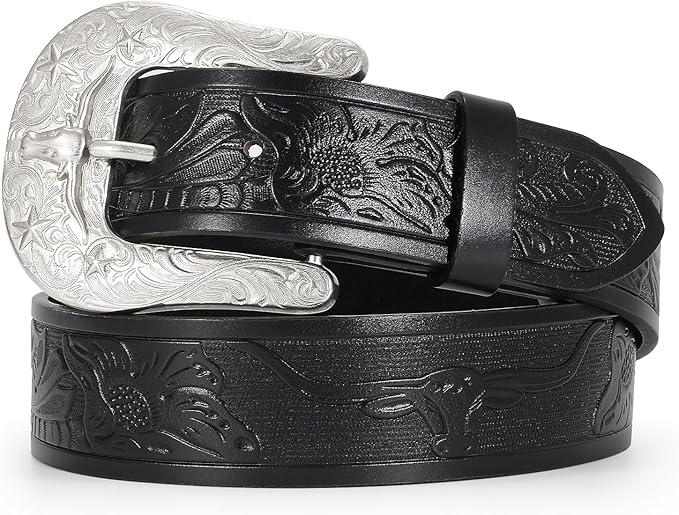 Women Men Western Belts Cowboy Cowgirl Country Belt Longhorn Bull Buckle Floral Embossed Belt for Jeans Dresses, 01-black(silver Buckle), Fit waist 32-35 inches
