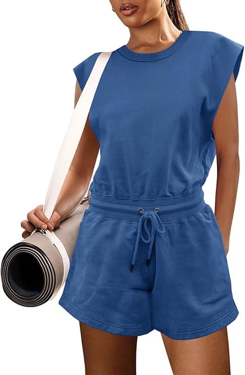 LAMISSCHE Womens Workout Romper with Pockets Sleeveless One Piece Short Jumpsuits Casual Open Back Onesie(Royal Blue,XL)