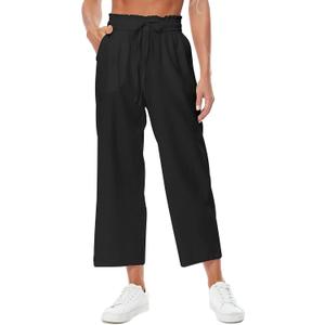 Womens Linen Pants Wide Leg High Waisted Drawstring Casual Flowy Pants with Pockets (Black, M)