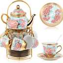 Zhehao Porcelain Tea Set with Metal Holder and Spoon Adult Ceramic Tea Set European Flower Painting Teapot Cup Saucer Spoon for Women Mom Gift, Large Version(Vintage Style,20 Pcs)