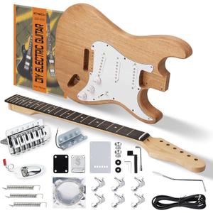 STRICH DIY Electric Guitar Kit, ST Style Mahogany Body & Maple Neck Guitar with SSS Pickups, Easy to Assemble Kit with All Parts Included  Build Your Own Electric Guitar (Natural Finish)