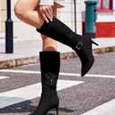 Coutgo Womens Knee High Boots Stiletto Heels Suede Pointed Toe Wide Calf Metal Buckle Side Zipper Winter Boots (8.5, Black)