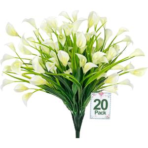 TURNMEON 20 Bundles Calla Lily (400 Heads) Artificial Flowers for Outdoors, Fake Plants UV Resistant Faux Plastic Fake Flowers for Indoor Planter Home Porch Yard Spring Summer Cemetery Decor(White)
