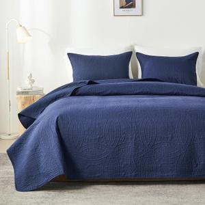 akkialla Queen Quilt Bedding Set, Navy Blue Ultrasonic Full/ Queen Quilt Set, Lightweight Soft Bedspread Coverlet, Modern Style Coin Pattern Bed Cover for All Seasons, 3 Piece(1 Quilt, 2 Pillow Shams)