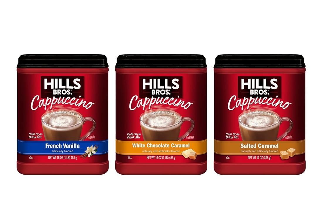Hills Bros. Cappuccino Mix Rich, Frothy Coffeehouse-Tasting Instant Drink Mix Quick and Easy Preparation Perfect for Hot & Iced Drinks & Creaming Coffee Rich Variety Pack, 2 Packs of 16oz & 1 Pack of 14oz BBD: 06/16/27