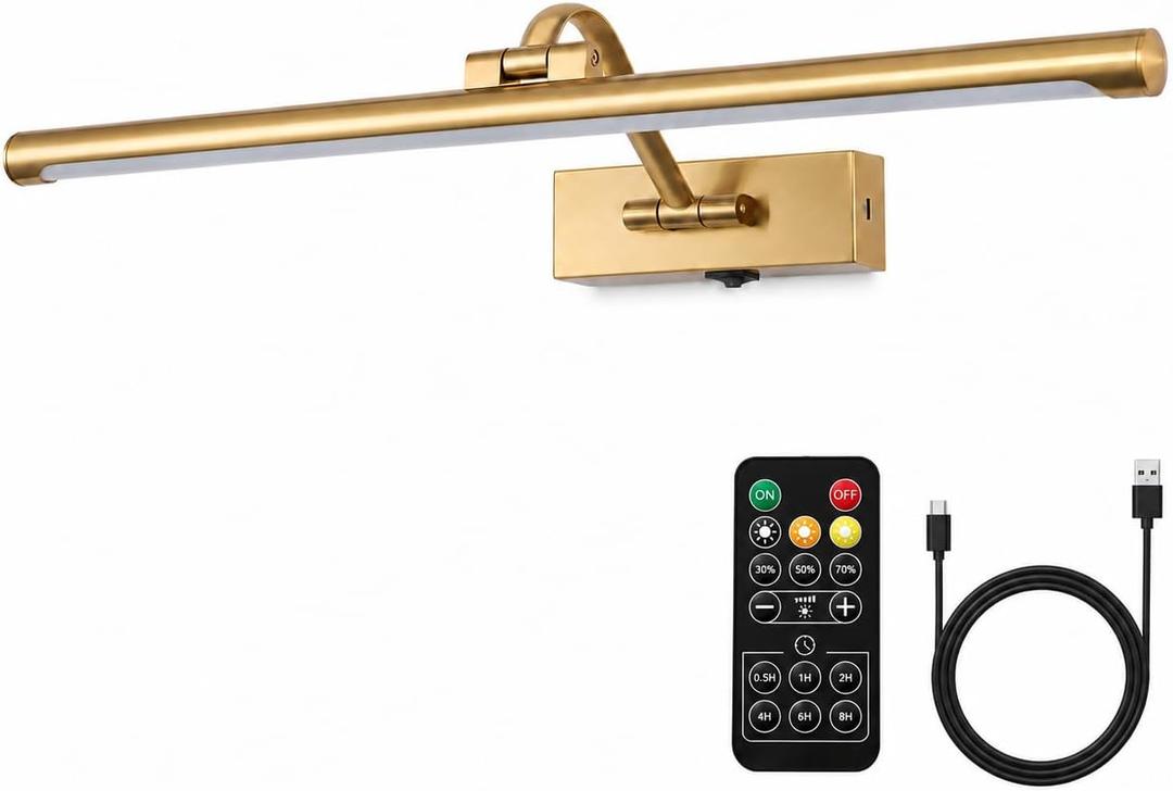 5W LED Wireless Picture Lights with Remote and Timer 23.6 Inch Rechargeable Brass Gallery Lighting Battery Operated Art Lights Over Frame Portrait, 24 Inch