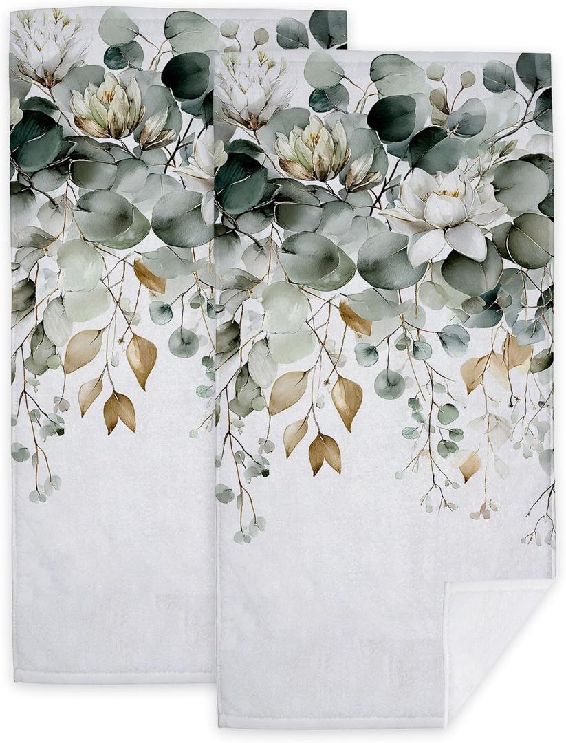 Green Eucalyptus Hand Towels for Kitchen Bathroom 2 Pack Green White Floral Leaves Bath Towels 14.4"x28.3" Soft Absorbent Kitchen Towel for Home Kitchen Bathroom Decor