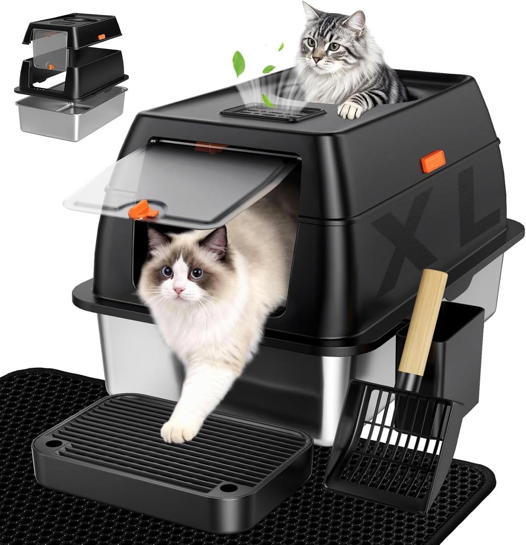 Extra Large Stainless Steel Litter Box with Lid, High Sided Enclosed Metal Cat Litter Pan, Dog Proof Front Entry Top Exit, Odor Control Easy Clean Leak Proof, Includes Mat, Scoop & Step, Grey 
