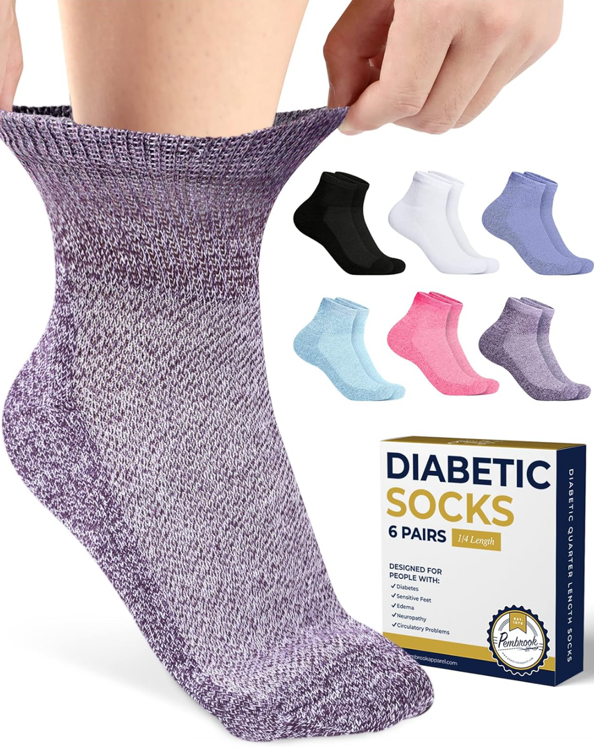 Pembrook Ankle Diabetic Socks for Women & Men | 6 Pairs | Wide Non Binding Socks Quarter Length | Edema Neuropathy Socks L