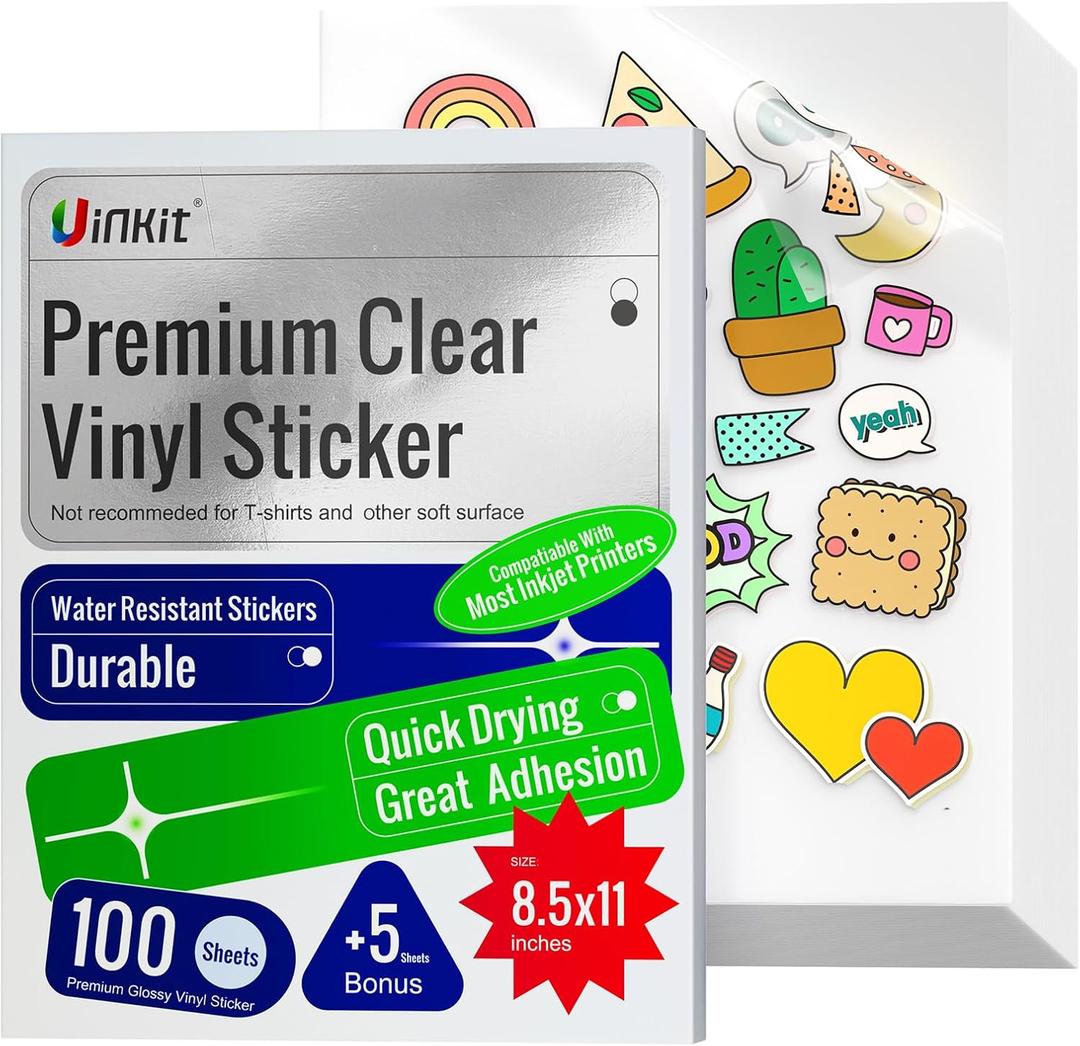 Uinkit 105Sheets Premium 90% Clear Vinyl Sticker Paper for Inkjet Printer - Include 100 Sheets Clear and 5Sheets Glossy Label Waterproof, Dries Quickly Vivid Colors, Holds Ink Well (8.5 x 11"_100 PACK 90% CLEAR & FREE 5 PACK)