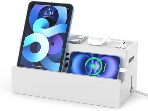 BambuMate Bamboo Cable Management Box, White, 31X14X15.5CM, Cable Organizer Box for Desk with Conceal Power Cords and Power Strips, Suitable for Living Rooms, bedrooms, Offices and More