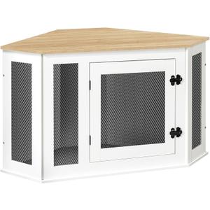 Corner Dog Crate Furniture, Wooden Dog Kennel End Table, Decorative Pet Crate Indoor Use, Furniture Style Dog House for Small Medium Dog, Dog Cage TV Stand, White and Natural DCBN0801