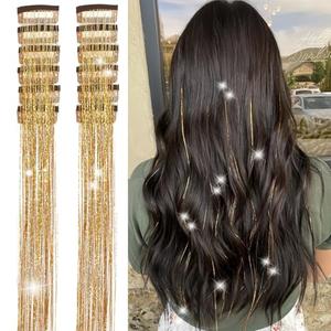 MISSUHUI Clip in Hair Tinsel 12 Pcs Hair Tinsel Clip in Glitter Tinsel Hair Extensions 23.6 Inch Gold Fairy Hair Tinsel Kit Clips in Sparkling Party Festival Hair Accessories, Easy to Use (Gold)