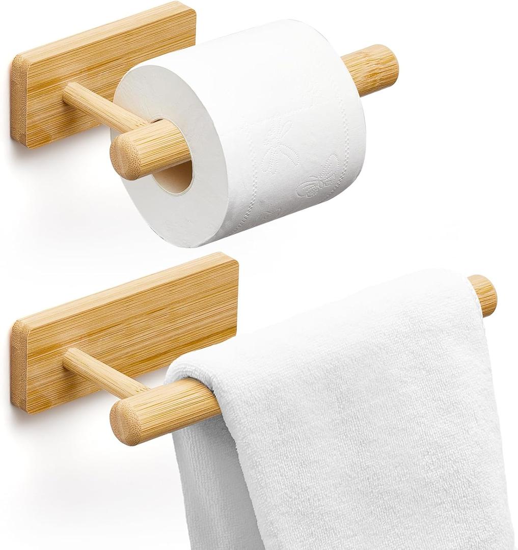Maxcheck 2 Pcs Bamboo Toilet Paper Holder Wall Mounted Bathroom Towel Holder Wood Towel Rack Toilet Paper Holder and Towel Holder Set Wood Towel Bar Towel Hanger for Kitchen Living Room Bedroom