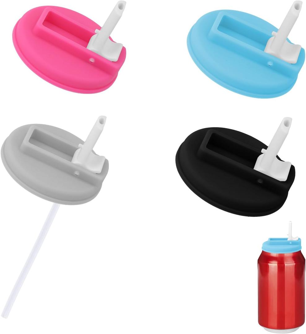 4pcs Soda Can Lids with Straws, Silicone Plastic Soda Can Covers Reusable Kitchen Tools Fits Standard Canned Beverage Beer Juice (Blue, Black, Gray, Rose Red)